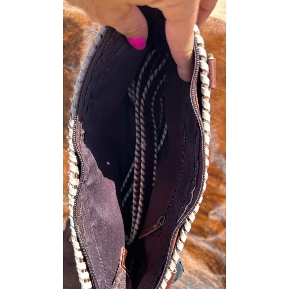 Western Cowhide Leather Fringe Satchel‎ Bag Brown Studded Whipstitch Handbag